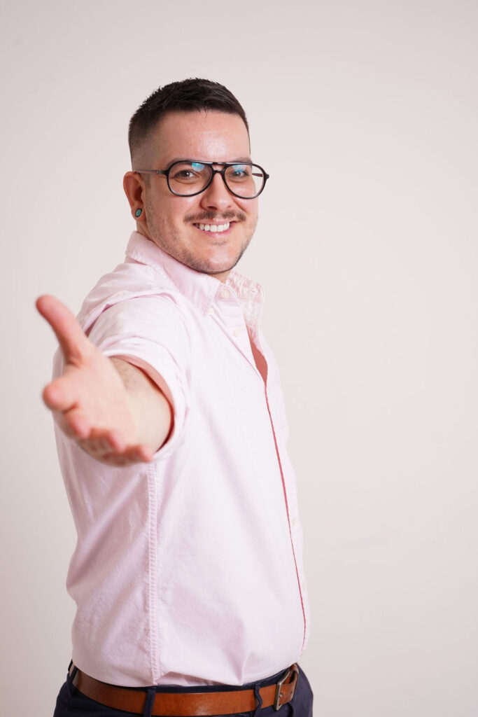 Pau Crego extending his arm towards viewer